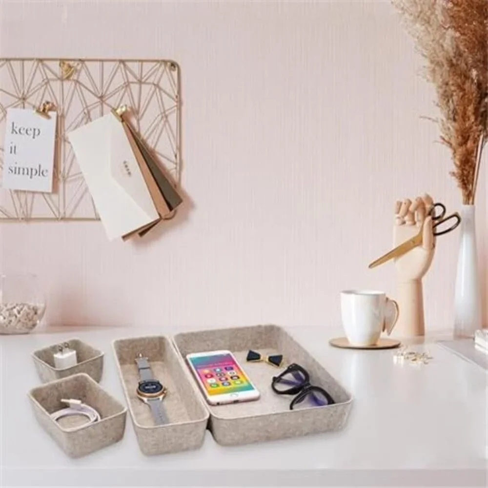 Desk Drawer Organizer Tray Set Beige Felt Office Storage 8 Piece Oatmeal